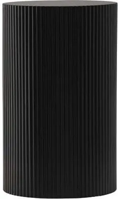 A studio shot of a black cylindrical table with vertical ribbed texture.