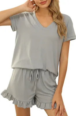 Image de ASKSA Pyjama Femme Court Ensemble Pyjama Col V Ruffle Shorts Eté Sleepwear Deux Pièces, Gris, S