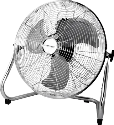 A chrome floor fan on a white background.