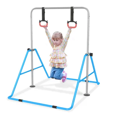 Obrázok produktu pre JOIEYOU horizontálna tyč gymnastická tyč vnútorné gymnastické vybavenie gymnastická tyč pre domácnosť výškovo nastaviteľná s 2 gymnastickými krúžkami skladacia gymnastická tyč horizontálna tyč na gymnastický tréning, modrá