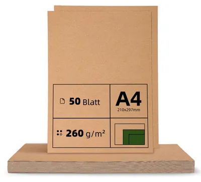 Obrázek produktu pro Kraftový papír A4, 50 listů, 260 g/m², rozměry 21 x 29,7 cm, přírodní kartonový papír vhodný pro tvoření a modelování