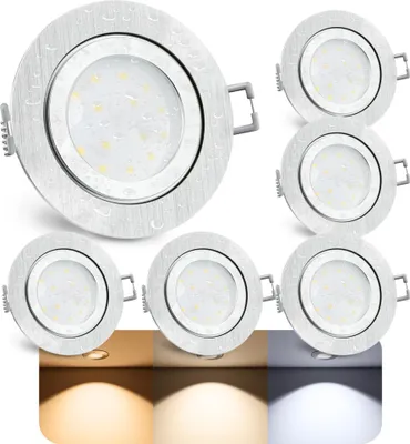 A collage of LED downlights, with a section showing different light color temperatures.