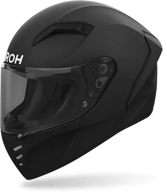 A black Airoh helmet with a clear visor.