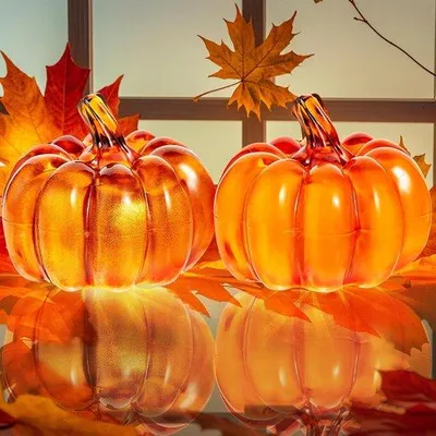 Productafbeelding van Herfstpompoen-lampenvoeten - 2 stuks - decoratieve herfstpompoen-kaarsenstandaards - verlichte Halloween-verlichting - decoratieve herfstpompoen-lichtprojectie