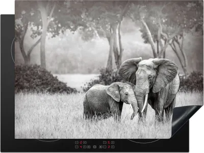 Produktbild von KitchenYeah© Herdabdeckplatte Elefant - Tiere - Natur - Schwarz und weiß , 71x52cm, Küche Deko, Glaskeramikkochfeld Herdabdeckung, Abdeckplatte fùr Kochfeld