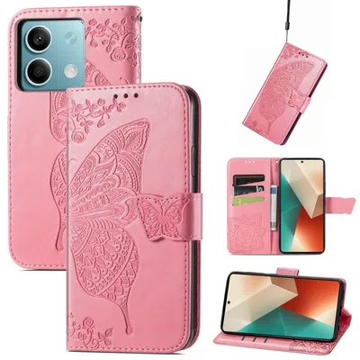 Image de Étui de protection en similicuir pour Xiaomi Redmi Note 13, motif papillon, rose