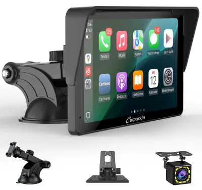 Immagine prodotto di Schermo Carplay portatile, Carpuride V3R Airplay&Android Auto wireless, touchscreen HD da 7 pollici 1080P con telecamera posteriore 720P reale/BT 5.0/Mirror Link/riproduzione USB/chip di riduzione del rumore AUX