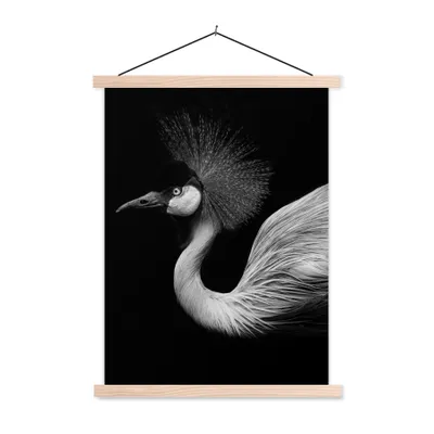 Produktbild von MuchoWow® Textilposter Kranich - Schwarz - Weiß - Vogel - Tiere 60x80 cm mit holzfarbenen Rahmen - Wandbild