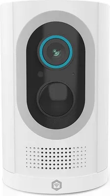 A white smart security camera with a black lens and button, and a blue ring around the lens.