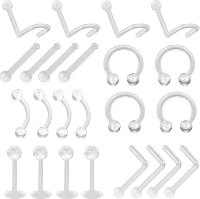 Produktbild von 24 Stück transparente Piercing-Halterungen, transparente Nasenstecker-Piercing-Halterungen, Kunststoff, flexible Lippen-Nasen-Septum-Augenbraue, Lippen-Labret-Augenbrauen-Piercing, Hufeisen-Nasenstecker-Messgerät-Halter
