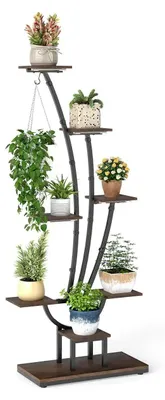 Image de Support pour plantes avec lampe - Étagère à fleurs à 8 niveaux - Support en bois pour plantes d'intérieur - Salon et balcon - Marron
