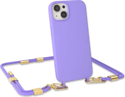 Produktbild von EAZY CASE Handykette Silikon mit Clips 2 in 1 kompatibel mit Apple iPhone 13 Handyhülle mit Umhängeband, Handykordel mit Silikon, Hülle mit Band, Kette für Smartphone, Lila - Clips Gold