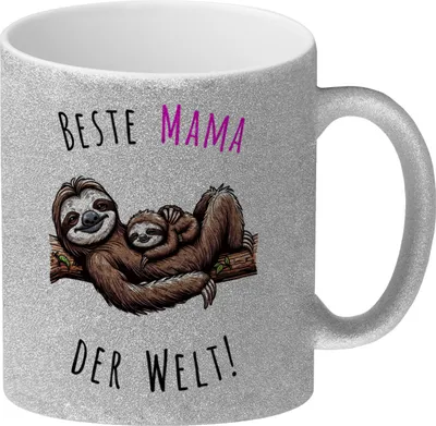 Produktbild von Faultier Mama mit Kind Glitzer-Kaffeebecher mit Spruch Beste Mama der Welt