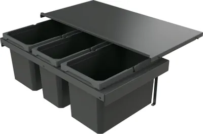 A three-bin waste collector system with a lid, shown from a slightly elevated angle against a white background.