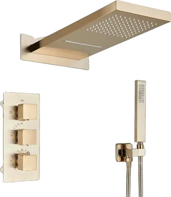 Produktbild von Thermostatischer Duscharmatur, Matt Schwarz Finish, Dreifachbedienung, Gebürstetes Gold A