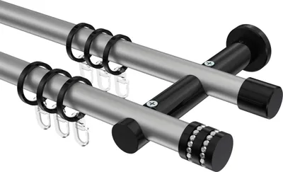 Produktbild von Interdeco Gardinenstange / Vorhangstange Silbergrau / Schwarz, Typ Platon Estana (Glitzerkappe), 20 mm Ø 2-läufig, 480 cm