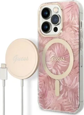 Produktbild von Guess GUBPP14LHJEACSP Hülle + Ladegerät Set iPhone 14 Pro 6,1" rosa/rosa Hartschale Jungle MagSafe Schutzhülle