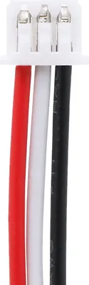 A close-up view of a white connector with three wires: red, white, and black.