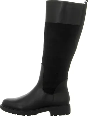 A side view of a black leather and suede boot.