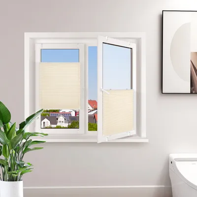 Produktbild von Allesin Plissee Klemmfix ohne Bohren, Creme 45x130cm (BxH), Plisseerollo Fensterrollo Jalousie mit Klemmträger, Blickdicht, Sichtschutz und Sonnenschutz, Easyfix, für Fenster und Tür