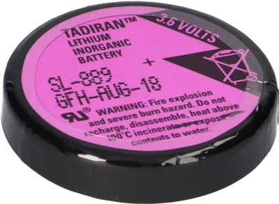 A close-up studio shot of a Tadiran lithium inorganic battery.
