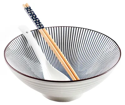 Produktbild von Ibili Ramen-Servierset, 3-teilig, Porzellan/Bambus, 21x8,5cm. 1,15 l, weiß/schwarz