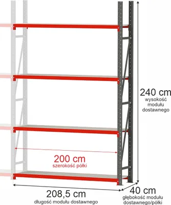Zdjęcie produktu dla Regał metalowy magazynowy warsztatowy 4-półkowy Mega-M FORTIS 208,5x40x240cm moduł dostawny