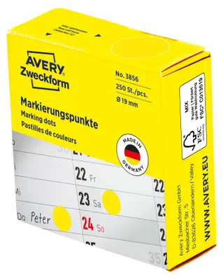 Produktbild von Avery Zweckform 3856, Markierungspunkte, ? 19 mm, 250 Markierungspunkte / 1 Rolle, gelb