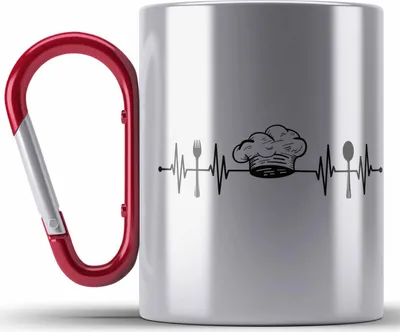 Produktbild von Trendation - Koch Edelstahl Tasse Karabiner Geschenk Herzschlag Geschenkidee Köchin Männer Frauen (Rot)