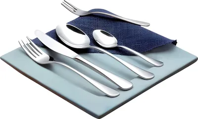 A set of stainless steel cutlery arranged on a light blue plate and a dark blue napkin.