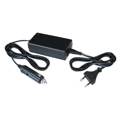A black car charger adapter with two cables and plugs, presented on a white background.