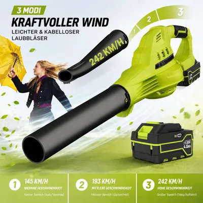 Produktbild von Akku Laubbläser mit Akku 4000 Ah und Ladegerät, 242 km/h, Leichter Akku-Laubbläser, 3 Geschwindigkeitsstufen, kompakter Akku Gebläse für Laub, Staub