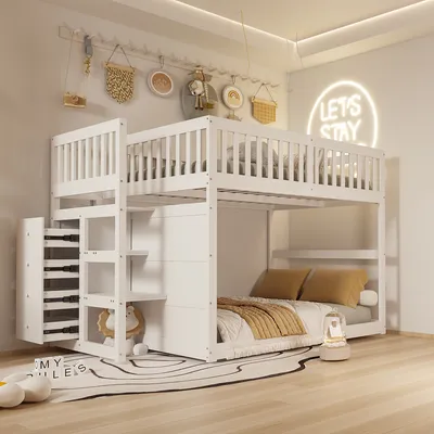 Produktbild von okwish Nízká patrová postel 140x200 cm s úložným prostorem, patrová postel s ochranným zábradlím, masivní dřevěná postel pro děti, rám postele s lamelovým roštem (spodní postel bez lamelového roštru), bílá