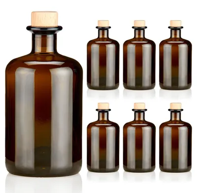 Zdjęcie produktu dla Brązowe butelki apteczne 500 ml z naturalnym korkiem drewnianym, 6 eleganckich pustych butelek z brązowego szkła o pojemności 0,5 l