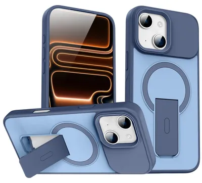 Produktbild von Magnet Ständer Hülle für iPhone 14, Kompatibel mit MagSafe, Matt Rückseite Stoßfeste Handyhülle Blau