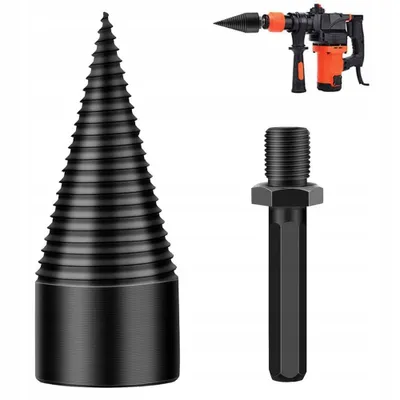 A wood splitter cone, an adapter, and a drill are shown against a white background.