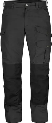 A pair of black and dark grey cargo pants are shown against a white background.