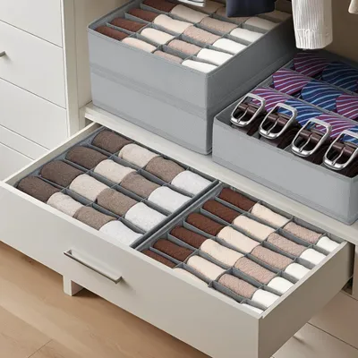 Produktbild von Faltbare Aufbewahrungsboxen für Socken - Schubladen-Organizer für Unterwäsche - Vliesstoff - 24 Aufbewahrungsfächer - Hellgrau - Set von 2