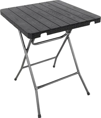 A square folding table with a dark wood-grain top and a metal frame, shown against a white background.