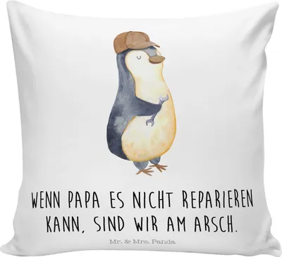 Produktbild von Mr. & Mrs. Panda Dekokissen Sofa Wenn Papa es nicht reparieren kann, sind wir am Arsch - Weiß - Geschenk, Vater, Pinguin, Kissen, Vatertag, Deko, für couch, Kuschelkissen