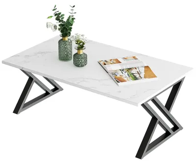 Couchtisch, 100x48x55 cm, Marmor weiß/schwarz Metall, X-förmige Stützen