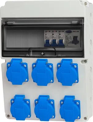 A white electrical distribution box with six blue outlets and circuit breakers visible inside.