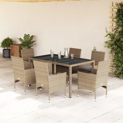 Image de Ensemble de mobilier de jardin - Ensemble de meubles pour jardin - Ensemble de table et chaises en rotin - Mobilier de balcon - Ensemble de 7 pièces, couleur beige