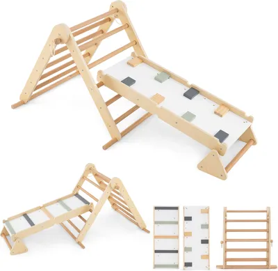 A collage of images showing a wooden climbing triangle with a slide, and separate panels with different colored blocks.