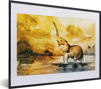 Produktbild von MuchoWow® MuchoWow® Gerahmtes Poster Elefant - Aquarellfarbe - Wasser 40x30 cm - Poster mit zchwarzem Bilderrahmen - Bilderrahmen - Poster im Rahmen
