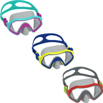 Three different colored diving masks are displayed against a white background.