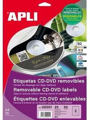 Etikety, na CD/DVD, A4, matné, odstrániteľné, APLI