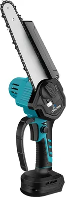 A studio shot of a cordless electric chainsaw against a white background.
