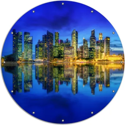 Produktbild von Wallario rundes Outdoor-Poster für Garten oder Balkon, Motiv Skyline von Singapur in der Abenddämmerung, 120 cm Durchmesser