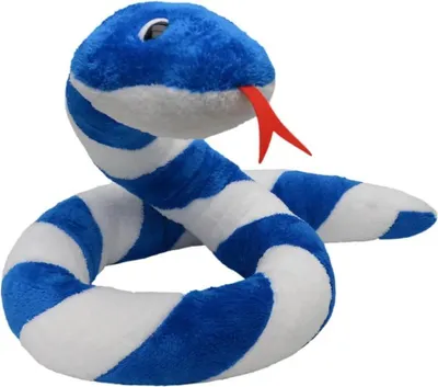 A plush toy snake with blue and white stripes, coiled on a white background.